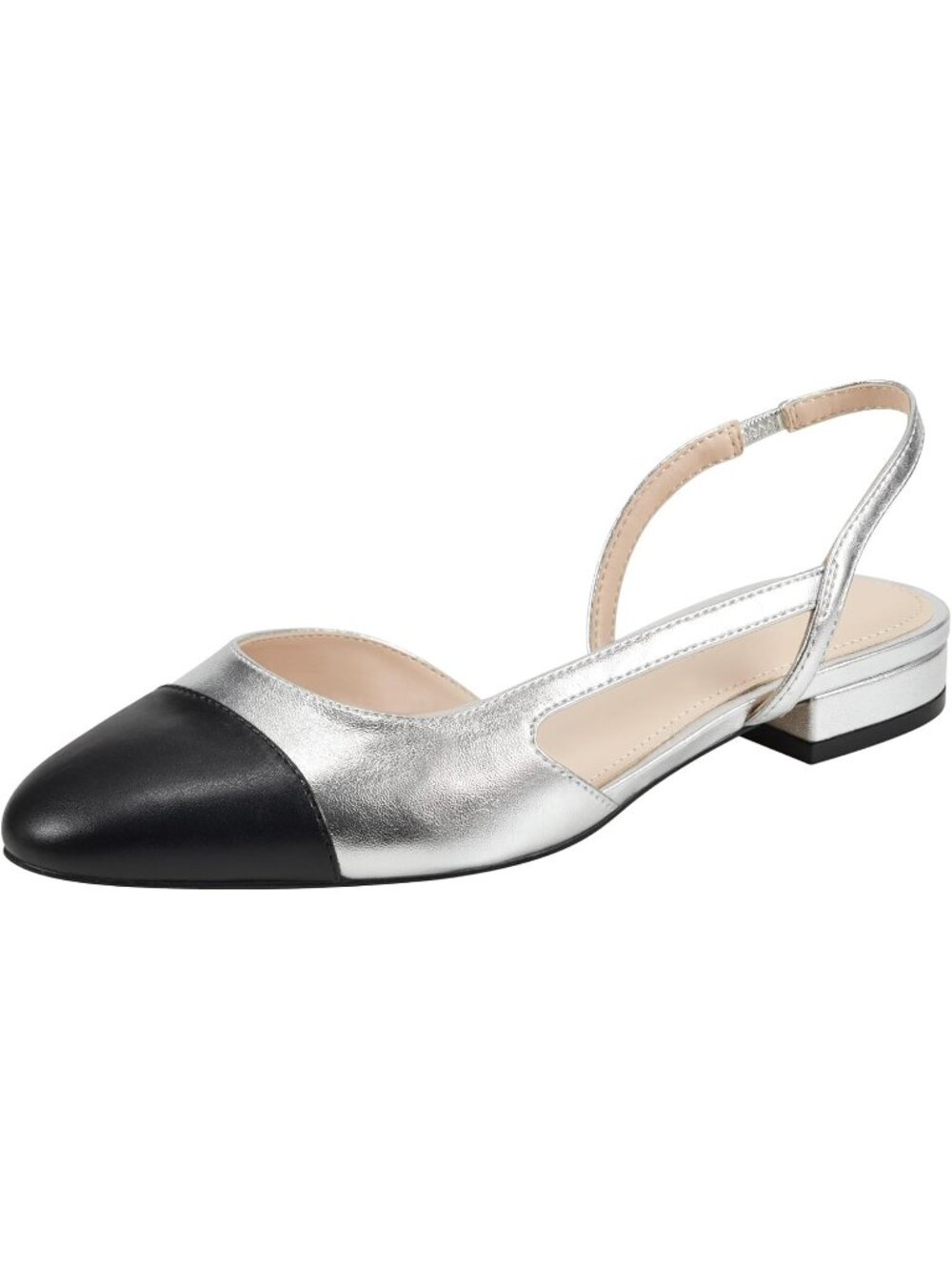 Marc Fisher Dela Slingback Flat Silver Black Shoes Sz. 8.5